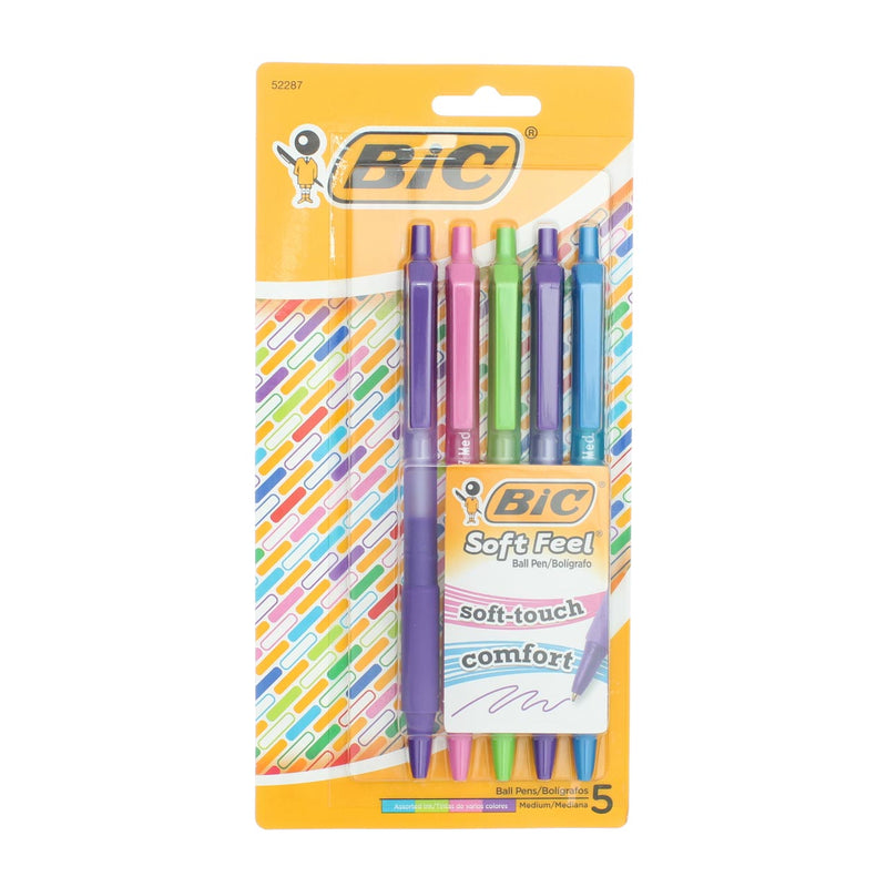 BiC Soft Feel Retractable Ball Pen, Medium, Assorted Colors 52287, 5 Ct