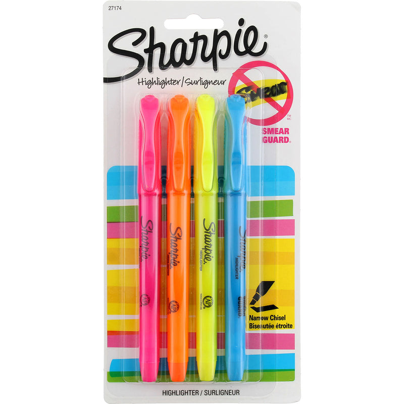 Sharpie Smear Guard Highlighters Narrow Chisel, 4 Ct, Neon 1.6 oz
