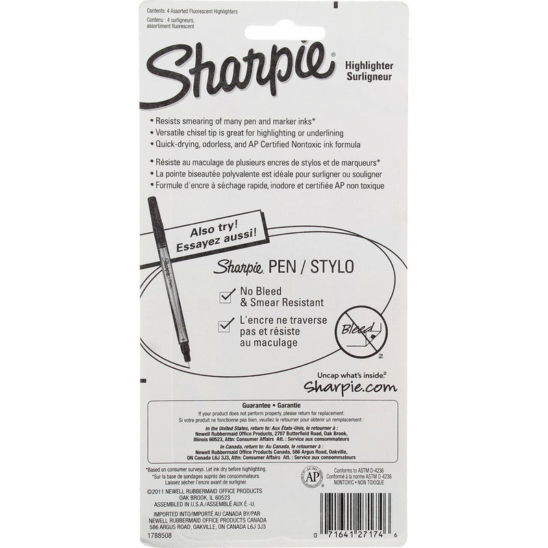 Sharpie Smear Guard Highlighters Narrow Chisel, 4 Ct, Neon 1.6 oz
