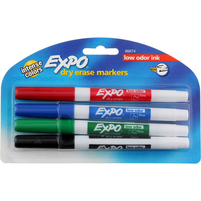 Expo Low Odor Ink Dry Erase Markers, Assorted Colors, 4 Ct, Fine Tip