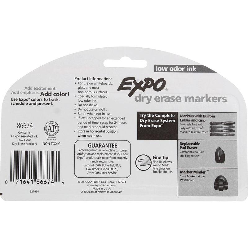 Expo Low Odor Ink Dry Erase Markers, Assorted Colors, 4 Ct, Fine Tip