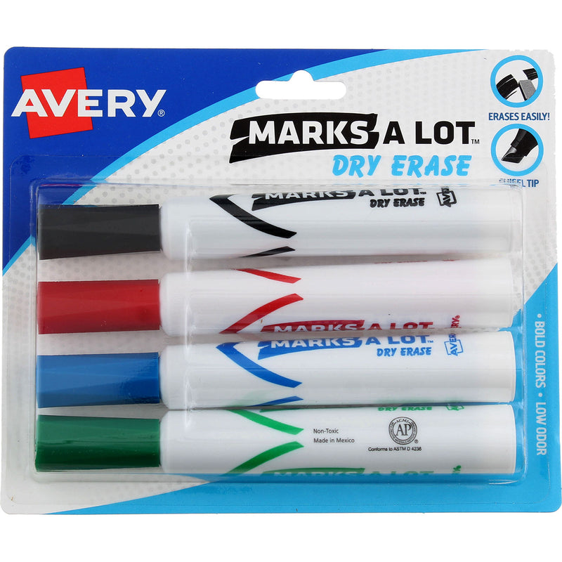Marks-A-Lot Dry Erase Marker, Assorted Colors 24409, Desk-Style, Chisel Tip, 4 Ct