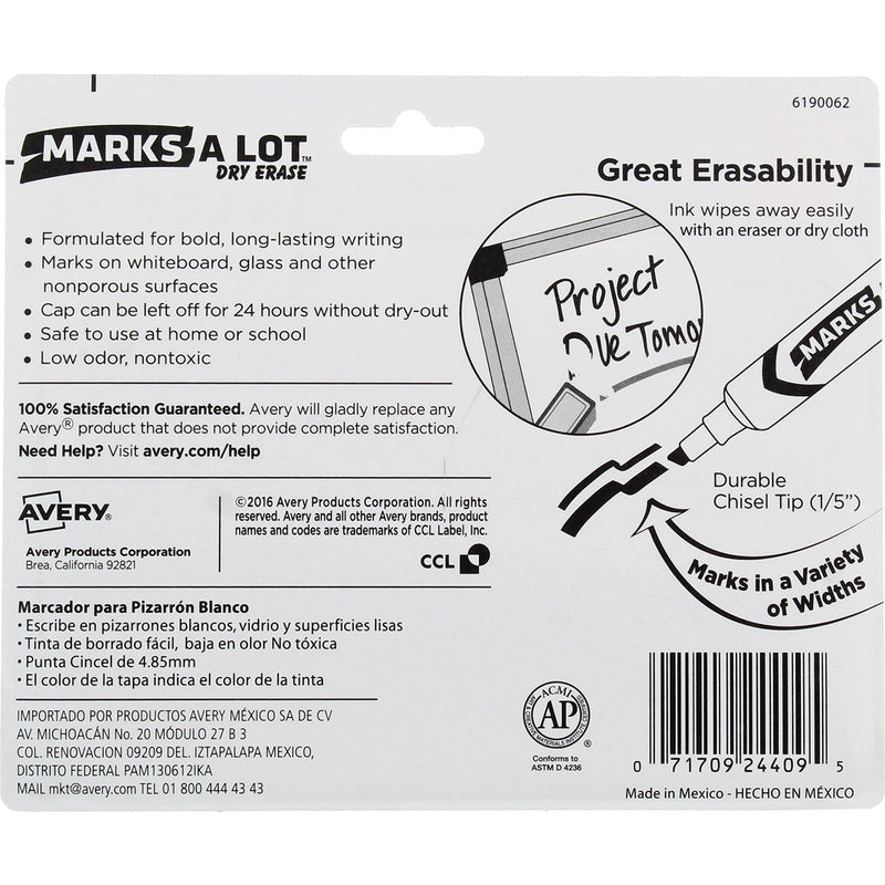 Marks-A-Lot Dry Erase Marker, Assorted Colors 24409, Desk-Style, Chisel Tip, 4 Ct