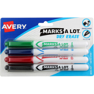 Marks-A-Lot Dry Erase Marker, Assorted Colors 24459, Pen-Style, Bullet Tip, 4 Ct
