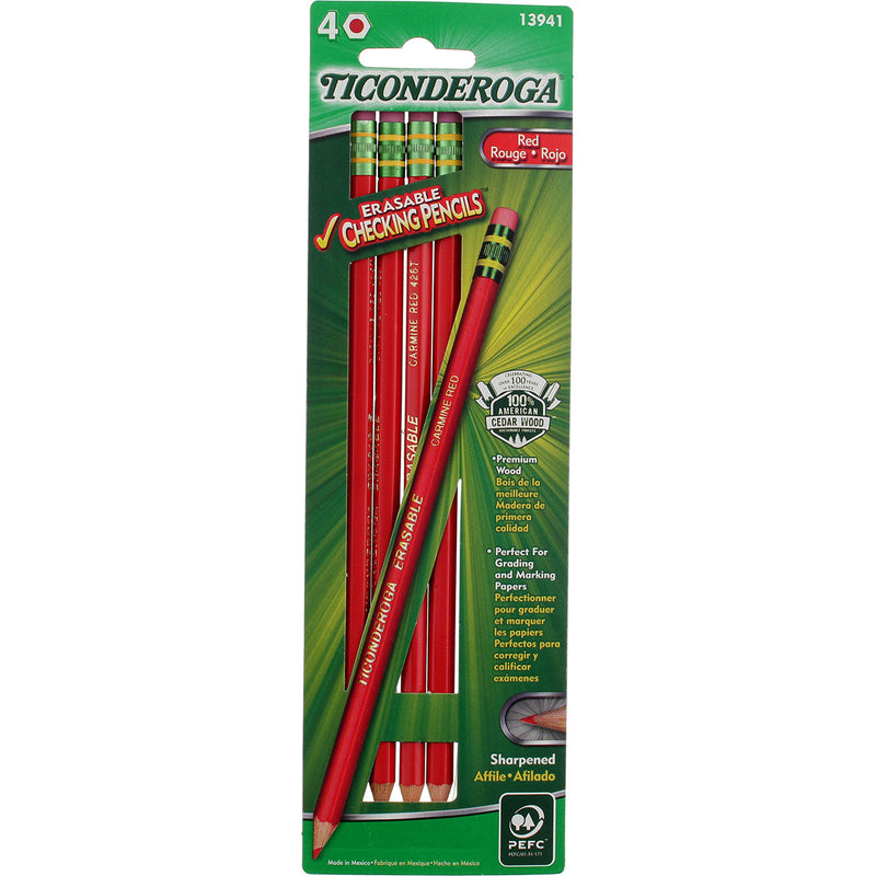 Ticonderoga Erasable Checking Pencil, Red, 4 Ct