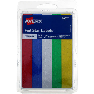Avery Foil Star Labels, 0.5in, Permanent, Assorted Colors, 440 Ct