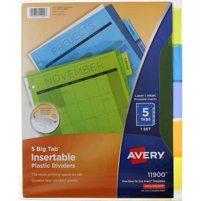 Avery Big Tab Insertable Dividers, Plastic, 8.5in X 11in, Multicolor, 5 Ct
