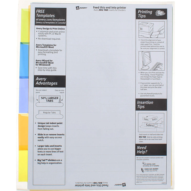 Avery Big Tab Insertable Dividers, Plastic, 8.5in X 11in, Multicolor, 5 Ct