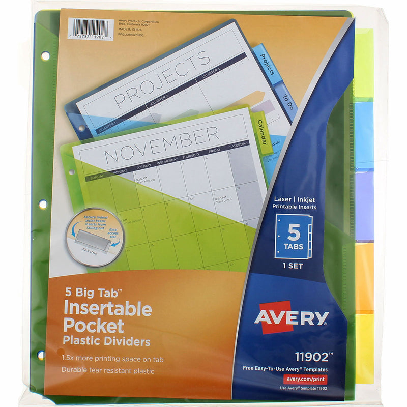 Avery Big Tab Insertable Dividers, Plastic, 9.25in X 11.125in, 1 Pocket, Multicolor, 5 Ct