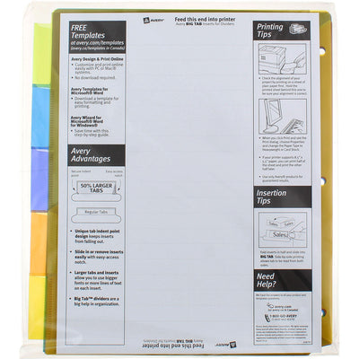 Avery Big Tab Insertable Dividers, Plastic, 9.25in X 11.125in, 1 Pocket, Multicolor, 5 Ct