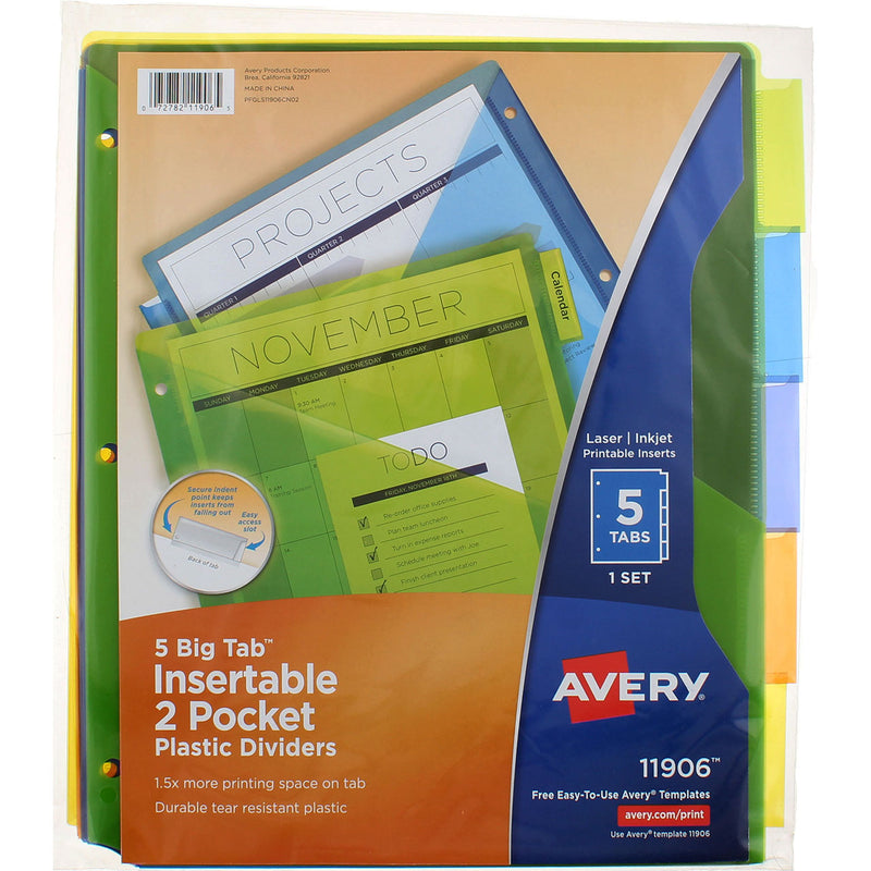 Avery Big Tab Insertable Dividers, Plastic, 9in X 11in, 2 Pocket, Multicolor, 5 Ct