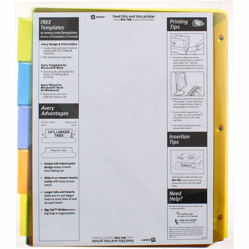 Avery Big Tab Insertable Dividers, Plastic, 9in X 11in, 2 Pocket, Multicolor, 5 Ct
