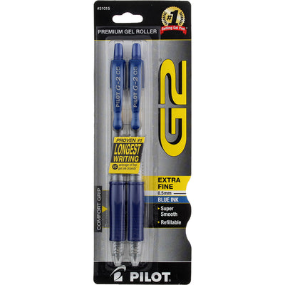 Pilot G2 Retractable Gel Ink Pen, Extra Fine, Blue 31015, 2 Ct