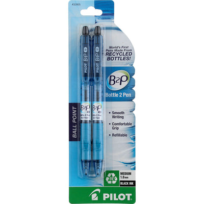 Pilot Bottle 2 Pen B2P Retractable Ball Point Pen, Medium, Black 32805, 2 Ct
