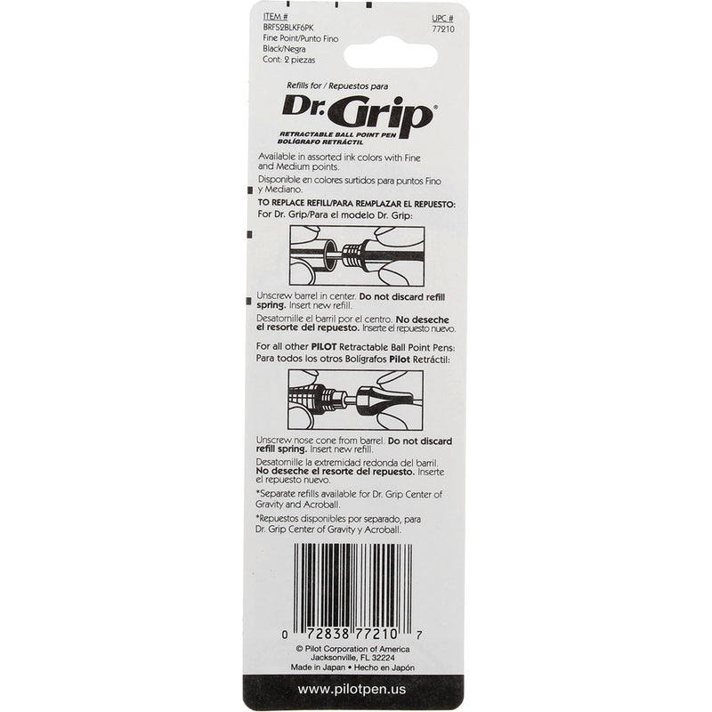 Pilot Dr. Grip Ball Point Pen Refill, Fine, Black 77210, 2 Ct