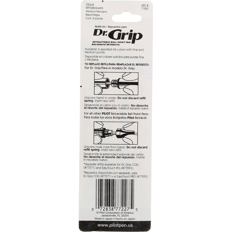 Pilot Dr. Grip Ball Point Pen Refill, Medium, Black 77227, 2 Ct