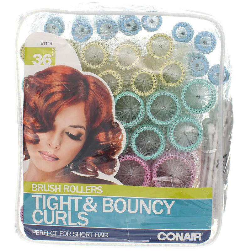 Conair Brush Rollers Tight & Bouncy Curls Brush Hair Rollers, Short, Assorted Colors, 36 Ct