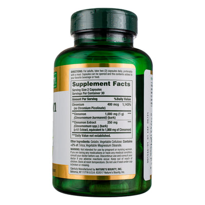 Nature's Bounty Herbal Health Cinnamon + Chromium Capsules, 2000 mg, 60 Ct