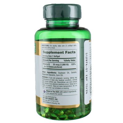 Nature's Bounty Immune Health D3 vitamins softgels, 25 mcg, 250 Ct