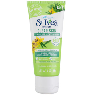 St Ives Solutions Clear Skin 3-in-1 Moisturizer, SPF 25, Tea Tree & Witch Hazel, 3 oz