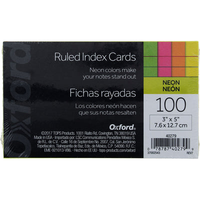 Oxford Index Cards, 3in X 5in, Ruled, Neon 40279, 100 Ct