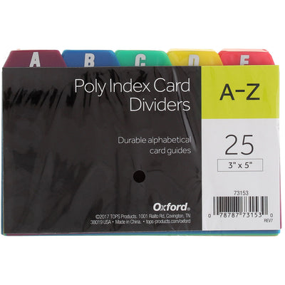 Oxford Index Card Dividers, 3in X 5in, Poly Construction, Multiple Colors 73153, 25 Ct