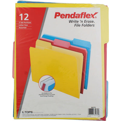 Pendaflex Write n' Erase Write 'n Erase File Folders, Yellow, Red, Blue, 12 Ct