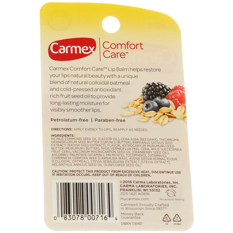 Carmex Comfort Care Colloidal Oatmeal Lip Balm Stick, Mixed Berry, 0.15 oz