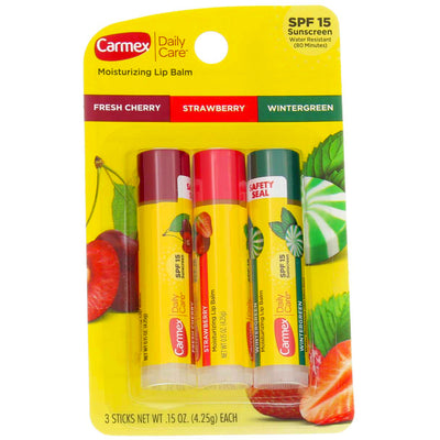 Carmex Moisturizing Lip Balm Stick, Cherry, Strawberry, Wintergreen, SPF 15, 0.45 oz, 3 Ct