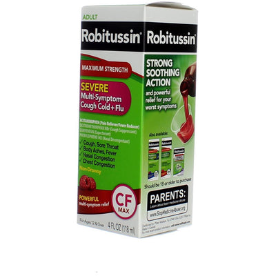 Robitussin Maximum Strength Multi-Symptom Cough Cold + Flu, Raspberry, 4 fl oz