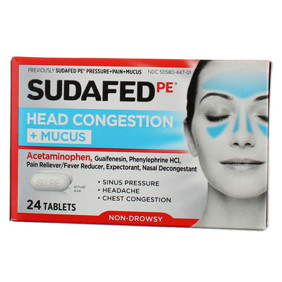 Sudafed PE Head Congestion + Mucus Acetaminophen Tablets, 24 Ct