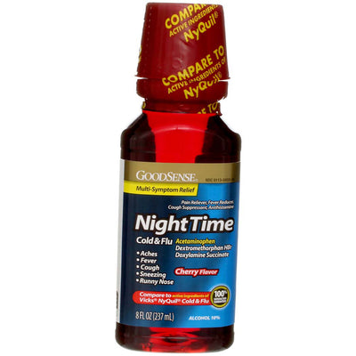 GoodSense Acetaminophen Nighttime Cold & Flu Relief Liquid, Cherry, 8 fl oz