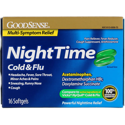 GoodSense Acetaminophen Nighttime Cold & Flu Relief Softgels, 16 Ct