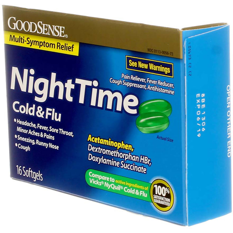 GoodSense Acetaminophen Nighttime Cold & Flu Relief Softgels, 16 Ct