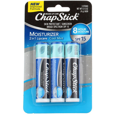 Chapstick Moisturizer 2-in-1 Lip Balm, Cool Mint, SPF 15, 3 Ct, 0.15 oz