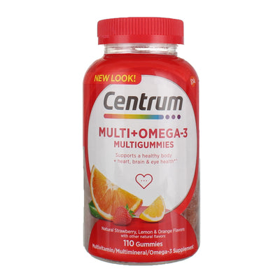 Centrum Multi+Omega-3 Gummies, Natural Strawberry, Lemon & Orange, 110 Ct