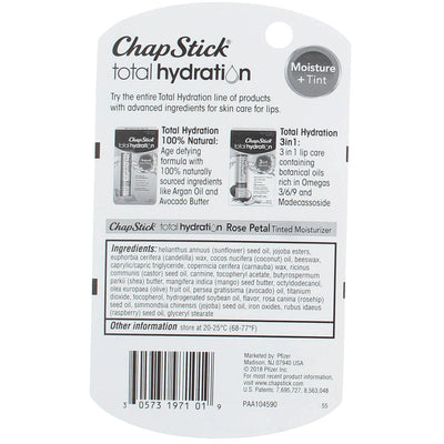 ChapStick Total Hydration + Tint Rose Petal Tinted Lip Balm Tube, Tinted Moisturizer - 0.12oz