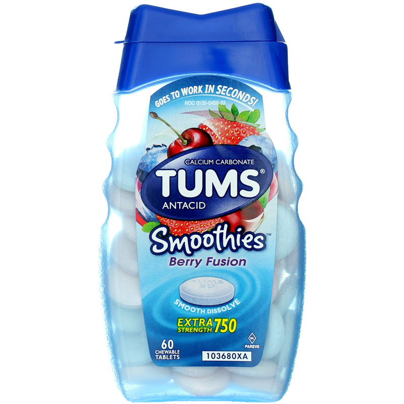 Tums Extra Strength Smoothies Antacid Chewable Tablets, Berry Fusion, 750 mg, 60 Ct