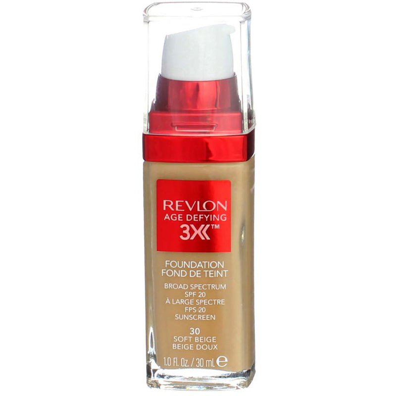 Revlon Age Defying 3X Firming + Lifting Makeup Foundation, Soft Beige 30, SPF 20, 1 fl oz