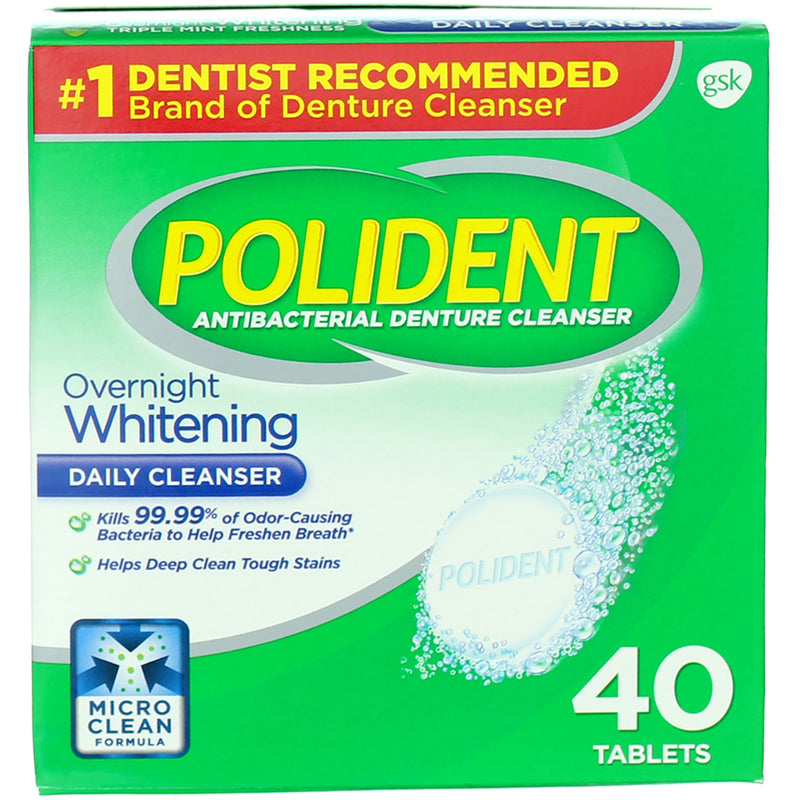 Polident Overnight Whitening Denture Cleanser Tablets, 40 Ct