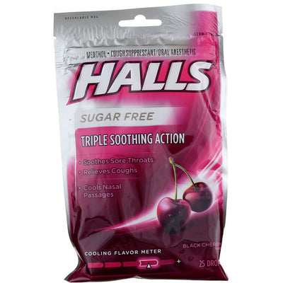 Halls Triple Soothing Action Sugar Free Cough Drops, Black Cherry, 25 Ct