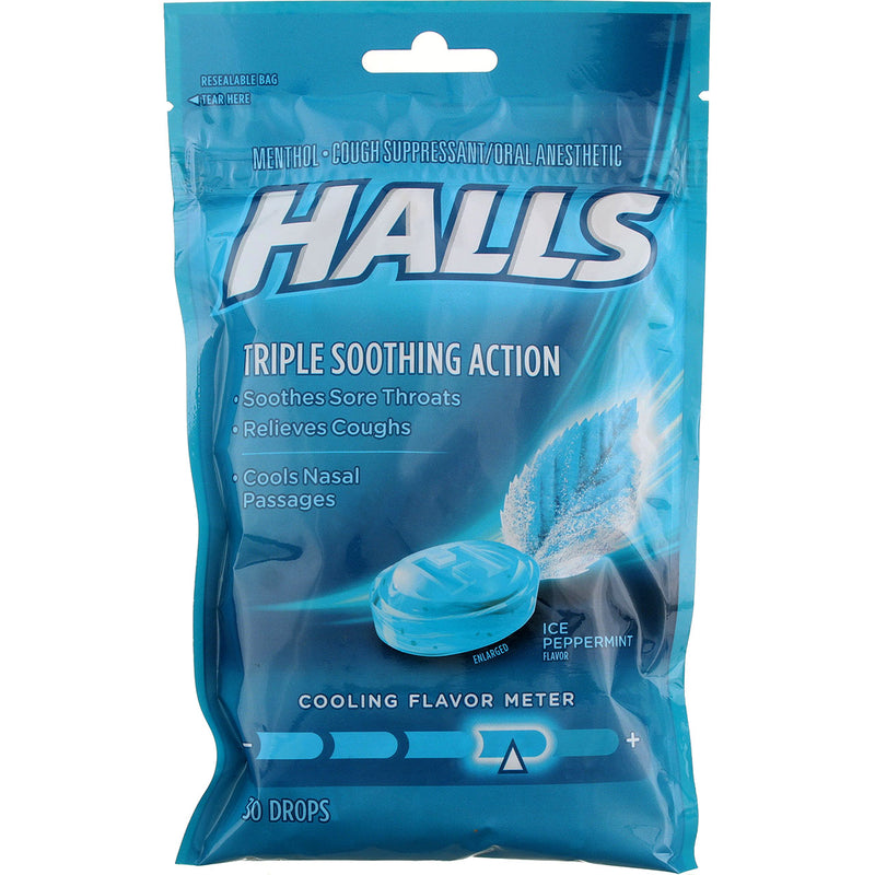 Halls Triple Soothing Action Cough Drops, Ice Peppermint, 30 Ct