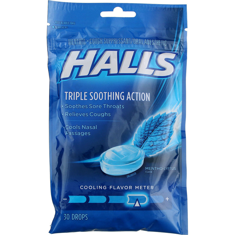Halls Triple Soothing Action Cough Drops, Mentho-Lyptus, 30 Ct