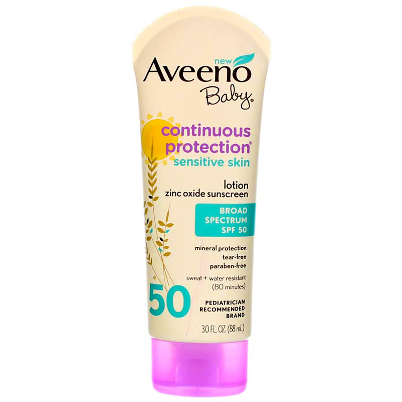 Aveeno Baby Continuous Protection Sunscreen, SPF 50, Unscented, Water Resistant, 3 fl oz
