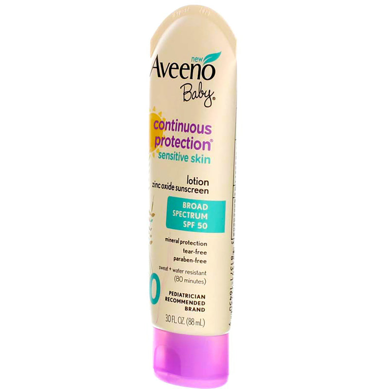 Aveeno Baby Continuous Protection Sunscreen, SPF 50, Unscented, Water Resistant, 3 fl oz