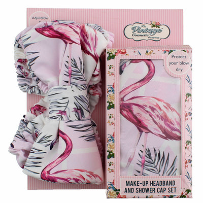 The Vintage Cosmetic Company Flamingo Make-Up Headband and Shower Cap Set, 2 Ct