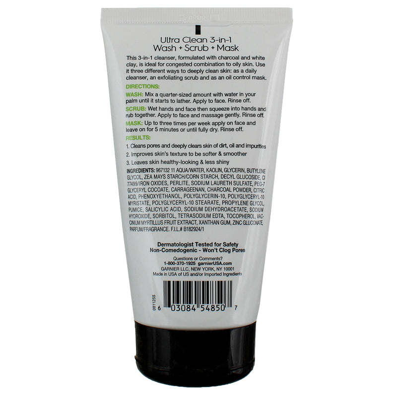 Garnier Ultra Clean Skin Active 3-in-1 Face Wash, Scrub and Mask, 4.4 fl oz