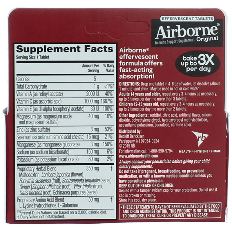 Airborne Original Immune System Supplement Effervescent Tablets, Very Berry, 10 Ct