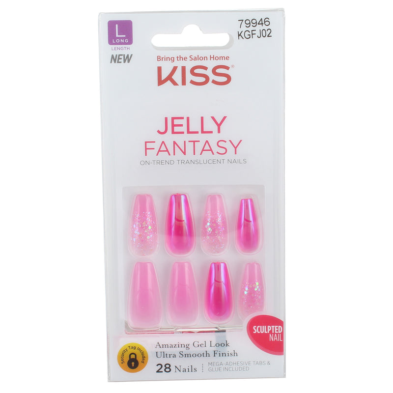 KISS Jelly Fantasy False Nails, Long, Glittery Pink, 28 Ct