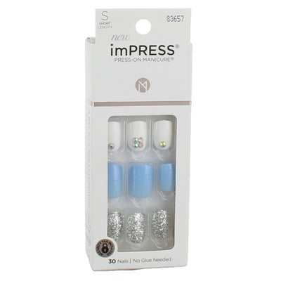 imPRESS Press-On Manicure False Nails, Short, Glitter, Blu and White, 30 Ct